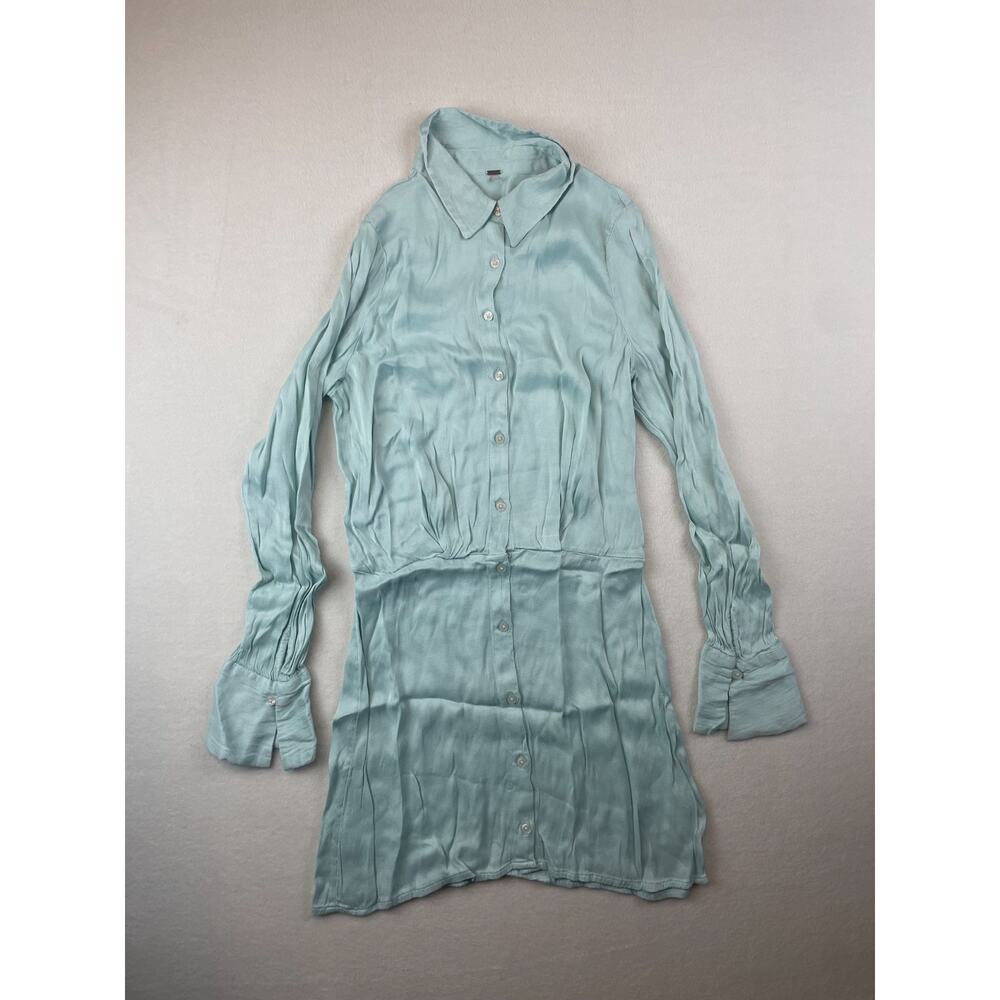 Free People Womens Sz S/M Button Front Shirt Satin Light Blue Dress
